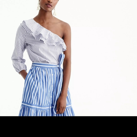NEW wTag-Women’s J.CREW Blue/White Striped One-Shoulder Shirt Sz 8 - Picture 2 of 13